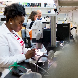 Female student works with microscope